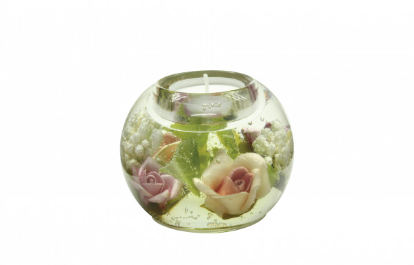 Moderner Teelichthalter Windlichthalter aus Glas mit Rosen grün/rosa/orange Durchmesser 9 cm