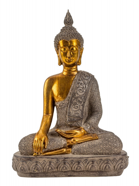 Moderne Skulptur Dekofigur Buddha aus Kunststein Gold/grau Höhe 40 cm Breite 27 