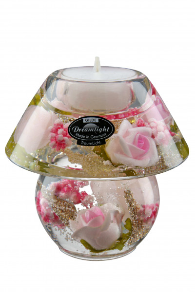 Moderner Teelichthalter Windlichthalter aus Glas mit Rosen rosa/gold 10x10 cm
