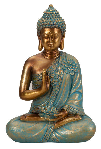 Skulptur Dekofigur Buddha aus Kunststein gold/mint grün Höhe 31cm Breite 21cm
