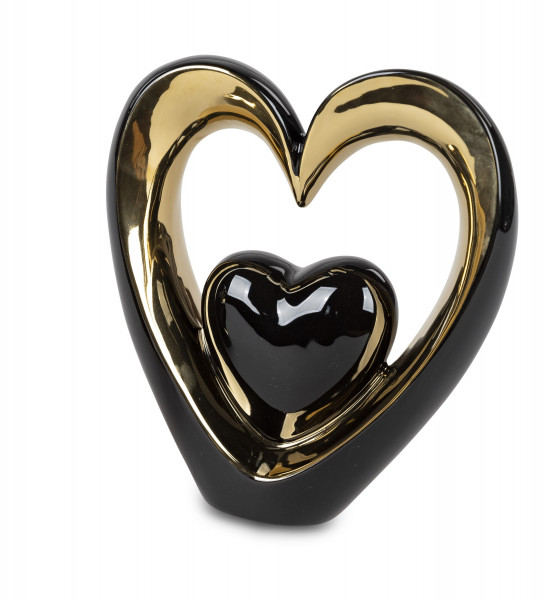 Moderne Skulptur Dekofigur in Form von einem Herzen aus Keramik schwarz/gold 21x24 cm