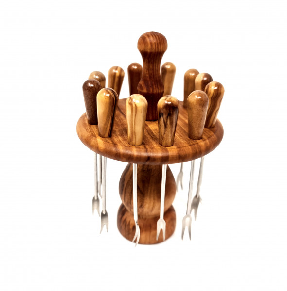 Fondue forks 12 pieces with olive wood handles including matching olive wood storage