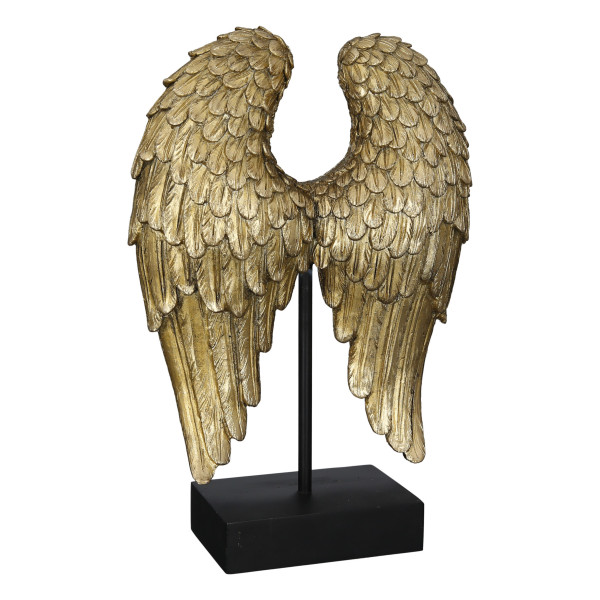 Moderne Skulptur Dekofigur Flügel aus Kunststein antik goldfarben auf Sockel 21x30 cm