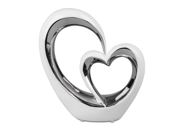 Modern sculpture decorative figure in the form of two hearts made of porcelain white/silver 22x25 cm