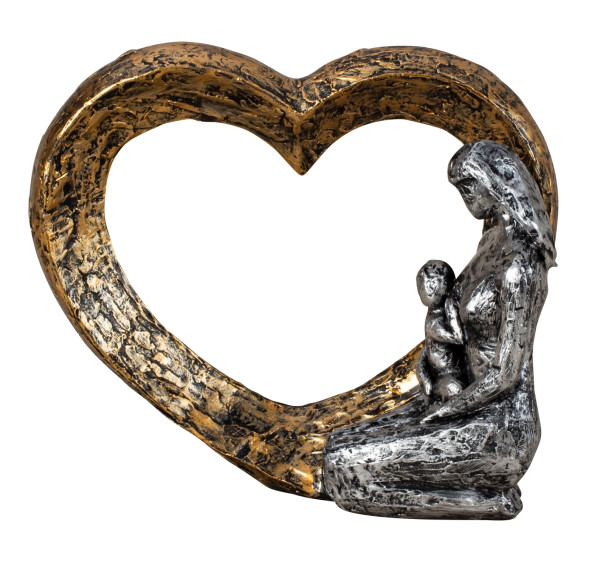 Heart sculpture with mother &amp; child in the colour silver/gold made of cast stone Height 17.5cm Width 21cm