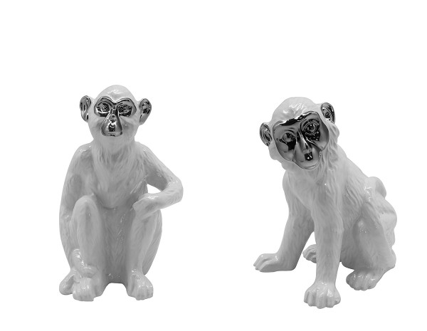 Moderne Skulptur Dekofigur Affe aus Keramik weiß/silber 14x18 cm