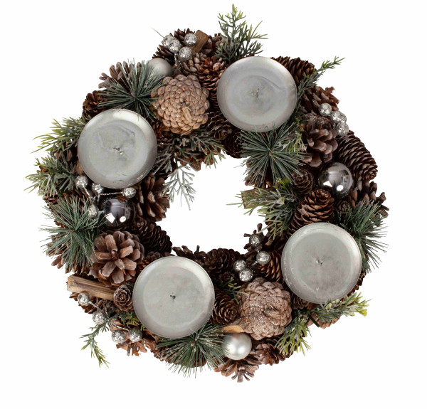 Weihnachtlicher Adventskranz rund mit silber/grün/brauner Dekoration für Kerzen ⌀ 34 cm