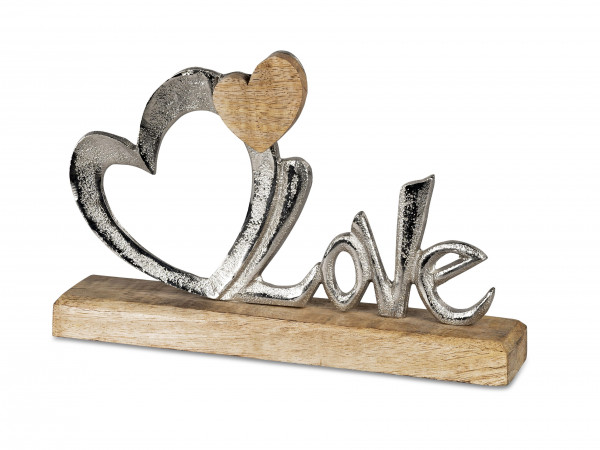 Modern lettering display LOVE silver on mango wood 16x24 cm