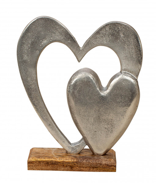 Modern sculpture decorative figure heart made of aluminum on a wooden base silver/brown 17x21 cm