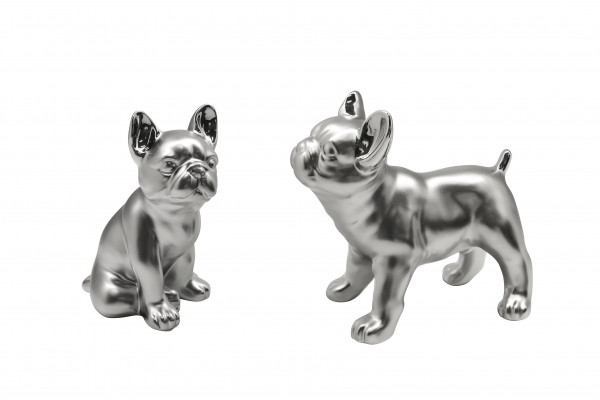 Modern sculpture decoration figure bulldog dog Cantus 2 pieces made of ceramic matt silver 11x19 cm