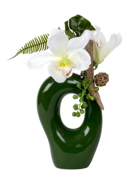 Moderne Dekovase Blumenvase Vase grün aus Keramik inklusive Orchideen Deko Höhe 30 cm