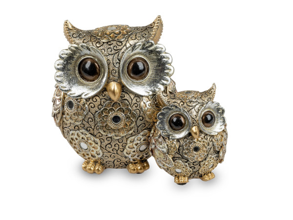 Modern sculpture Dekofigur pair of owls made of artificial stone Luxor silver / gold height 16 cm