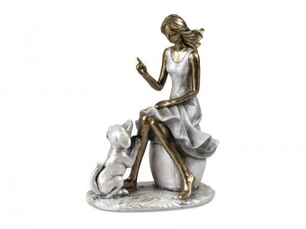 Moderne Skulptur Deko Figur Dame mit Hund auf Sockel silber/gold handbemalt 13x18 cm