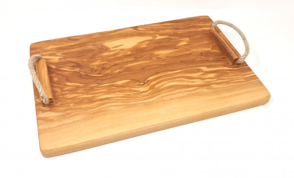 Serving tray, breakfast board, chopping board made of high quality olive wood | Cutting board | including handle and beautiful grain (35x23 cm)