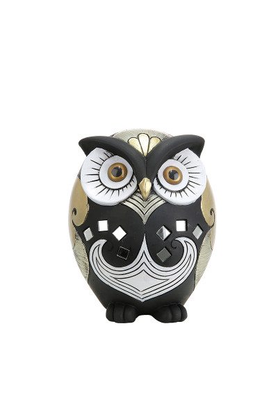 Modern sculpture decoration figure owl Luxor made of artificial stone black and gold height 15 cm