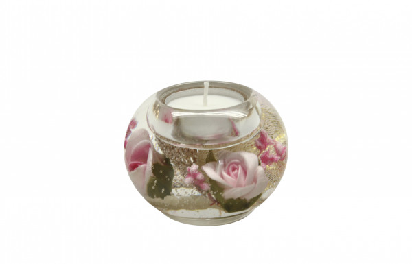 Moderner Teelichthalter Windlichthalter aus Glas mit Rosen gold/rosa Durchmesser 8 cm