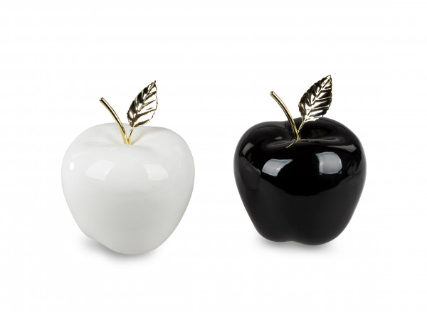 Modern sculpture decorative figure apple in a set of 2 made of ceramic white and black glossy 9x13 cm