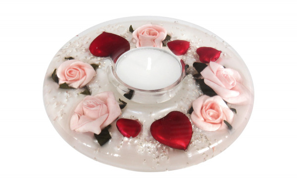 Moderner Teelichthalter Windlichthalter aus Glas mit Rosen und Herzen Durchmesser 13 cm *Exklusive H