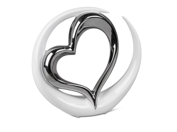 Moderne Skulptur Dekofigur Herz aus Porzellan weiß/Silber 23x23 cm