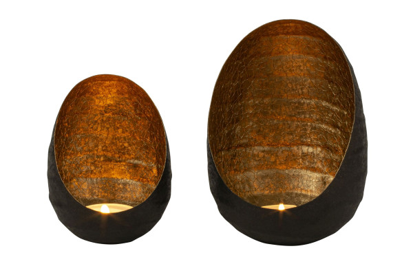 Modernes Windlicht aus Metall im 2er Set schwarz und innen gold Höhe 16 cm und 21 cm Durchmesser 11