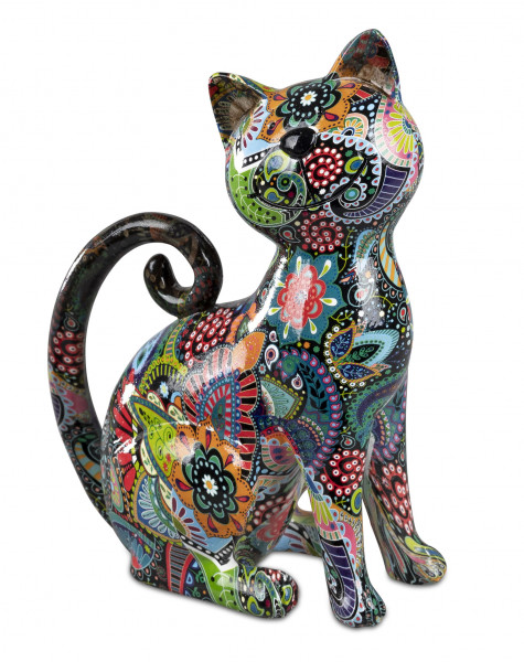 Moderne Skulptur Dekofigur Katze POP Art aus Kunststein mehrfarbig 15x21 cm