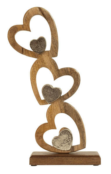 Skulptur Dekofigur mit 6 Herzen stehend auf Sockel Braun/Silber aus Holz und Metall Höhe 40 cm Breit