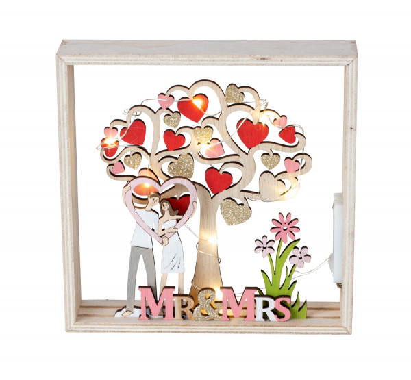 Wooden frame &quot;MR. &amp; MRS.&quot; with lovers to stand &amp; LED lighting 18x18 cm