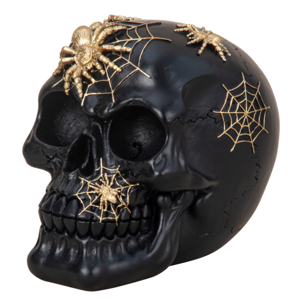 Sculpture decorative figure skull black with golden spiders made of cast stone height 12cm width 15cm