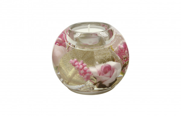 Moderner Teelichthalter Windlichthalter aus Glas mit Rosen gold/rosa Durchmesser 9 cm
