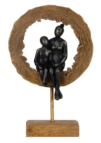 Sculpture of mum and child sitting in a wooden disc made of cast stone including base 20x31 cm