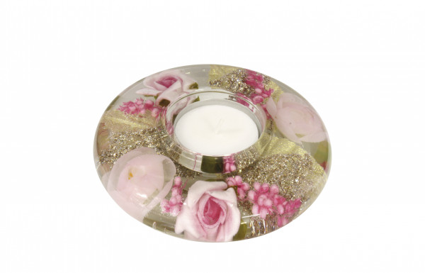 Moderner Teelichthalter Windlichthalter aus Glas mit Rosen rosa/gold Durchmesser 11 cm