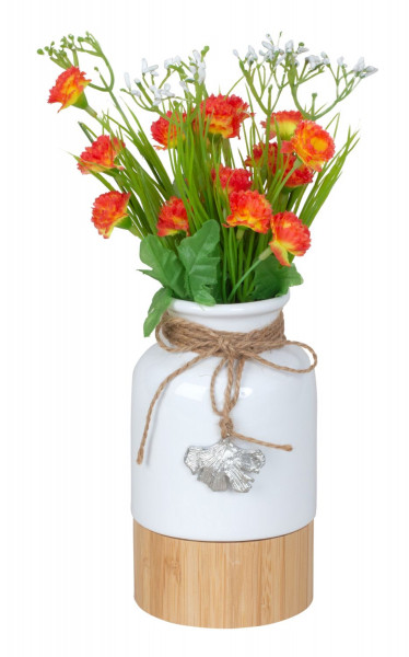 Moderne Dekovase Blumenvase Tischvase Vase aus Keramik und Holz weiß/braun Höhe 17 cm