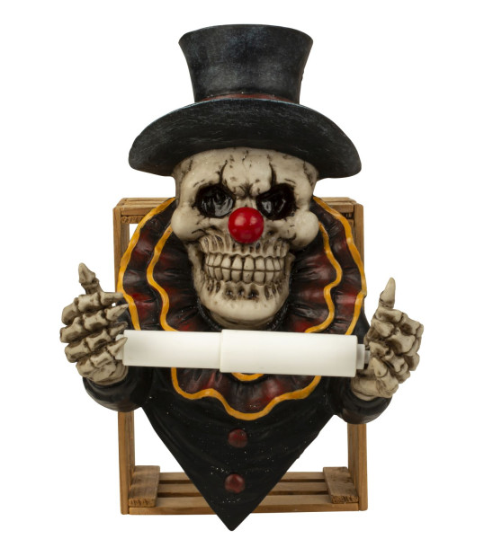 Skull with top hat &amp; red clown nose as toilet roll holder Artificial stone toilet roll holder 22x31.5 cm