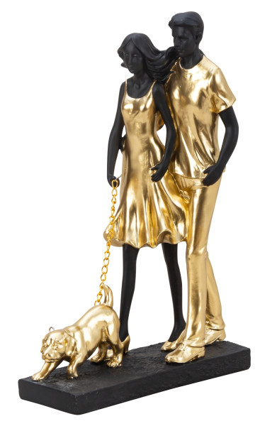 Sculpture decorative figurine couple with dog gold/black made of cast stone Height 30 cm Width 19.5 cm