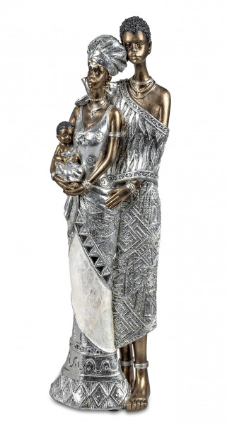 Moderne Skulptur Dekofigur Afrikanische Familie stehend handbemalt silber/gold Höhe 32 cm