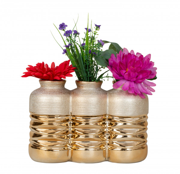 Moderne Dekovase Blumenvase Tischvase Vase mit 3 Öffnungen aus Keramik gold 24x17 cm