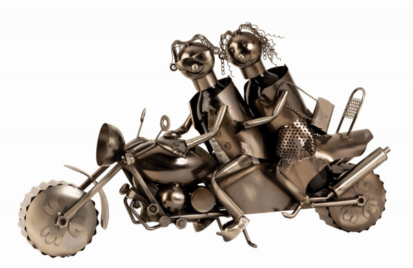 Moderner und riesiger Wein Flaschenhalter Paar auf Motorrad aus Metall in silber Höhe 38 cm Länge 63