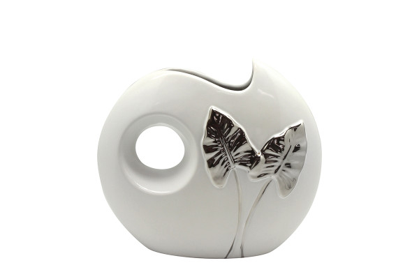 Moderne Dekovase Blumenvase Tischvase Vase aus Keramik weiß/silber 25x23 cm