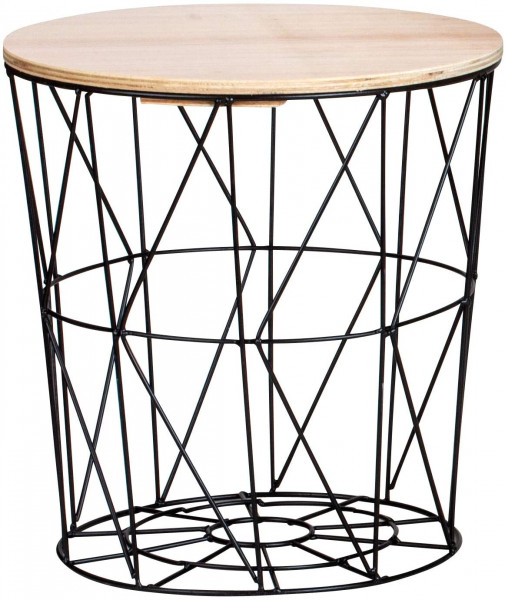 Modern side table metal basket with wooden lid - decorative coffee table including basket shelf with storage space black / brown (29x30 cm)