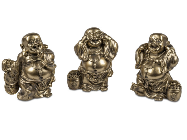 Moderne Skulptur Dekofigur Buddha Glück im 3er Set aus Kunststein Gold Höhe 15 cm