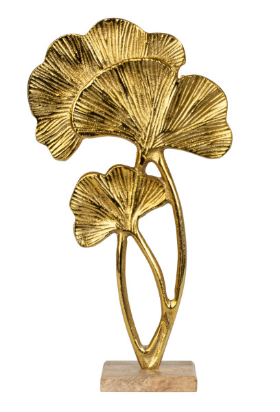 Skulptur Dekofigur Tropenblätter gold aus Metall auf Holzsockel 21x39 cm
