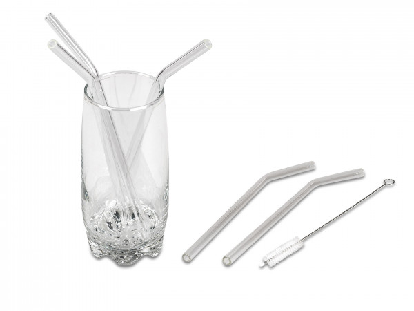 Glass straws 6 pieces curved including cleaning brush