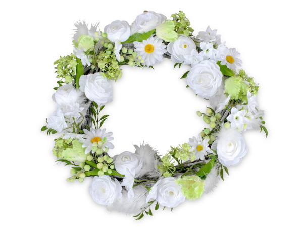 Beautiful summer wreath door wreath wreath with many colorful flowers and leaves, elaborately arranged brushwood Ø 38 cm