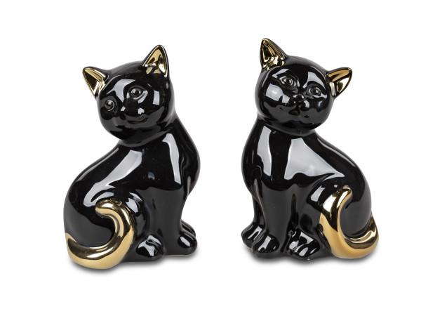 Modern sculpture decorative figure cat 2 pieces ceramic black/gold 14x14 cm