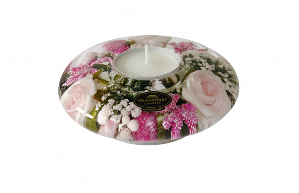 Moderner Teelichthalter Windlichthalter aus Glas mit Rosen rosa Durchmesser 11 cm *Exklusive Handarb