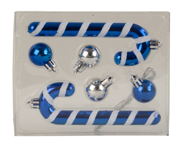 4 x Weihnachtsdekoration Komplettsets mit je 2 Zuckerstangen &amp; 4 Weihnachtskugeln blau/silber