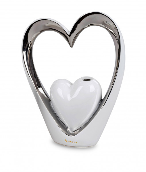 Moderne Dekovase Blumenvase Tischvase Vase in Herzform aus Keramik weiß/Silber 23x31 cm