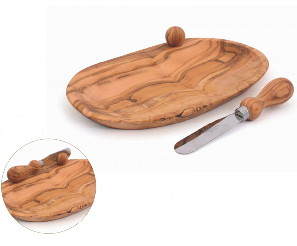 Olive wood butter dish + butter knife in a set of 2 25x16x4 cm antibacterial | odorless | stain resistant