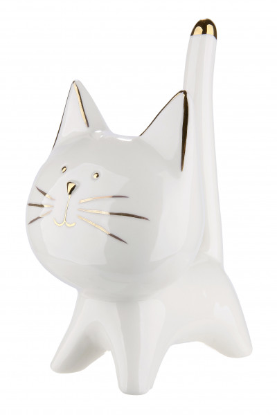 Skulptur Dekofigur Katze aus Porzellan weiß und gold Höhe 15 cm Länge 9 cm