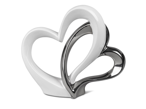 Moderne Skulptur Dekofigur in Form von Zwei Herzen aus Porzellan weiß/Silber 25x23 cm